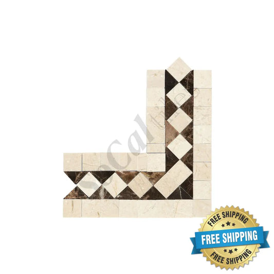Crema Marfil Marble BIAS Border Corner w/ Emperador Dark Dots Polished / 1 pcs. Accent & Trim Tile