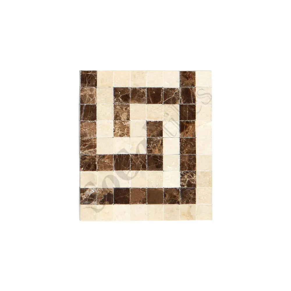Crema Marfil Marble Greek Key Border Corner w/ Emperador Dark Polished / 1 pcs. Accent & Trim Tile