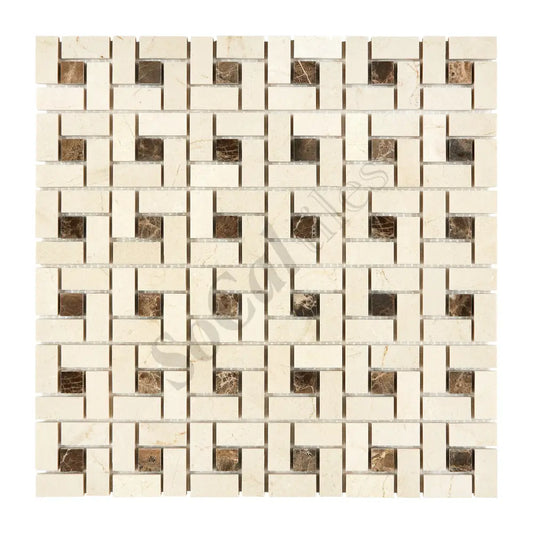 Crema Marfil Marble Pinwheel Mosaic (w/ Emp. Dark Dots) Polished/Honed Backsplash Tile