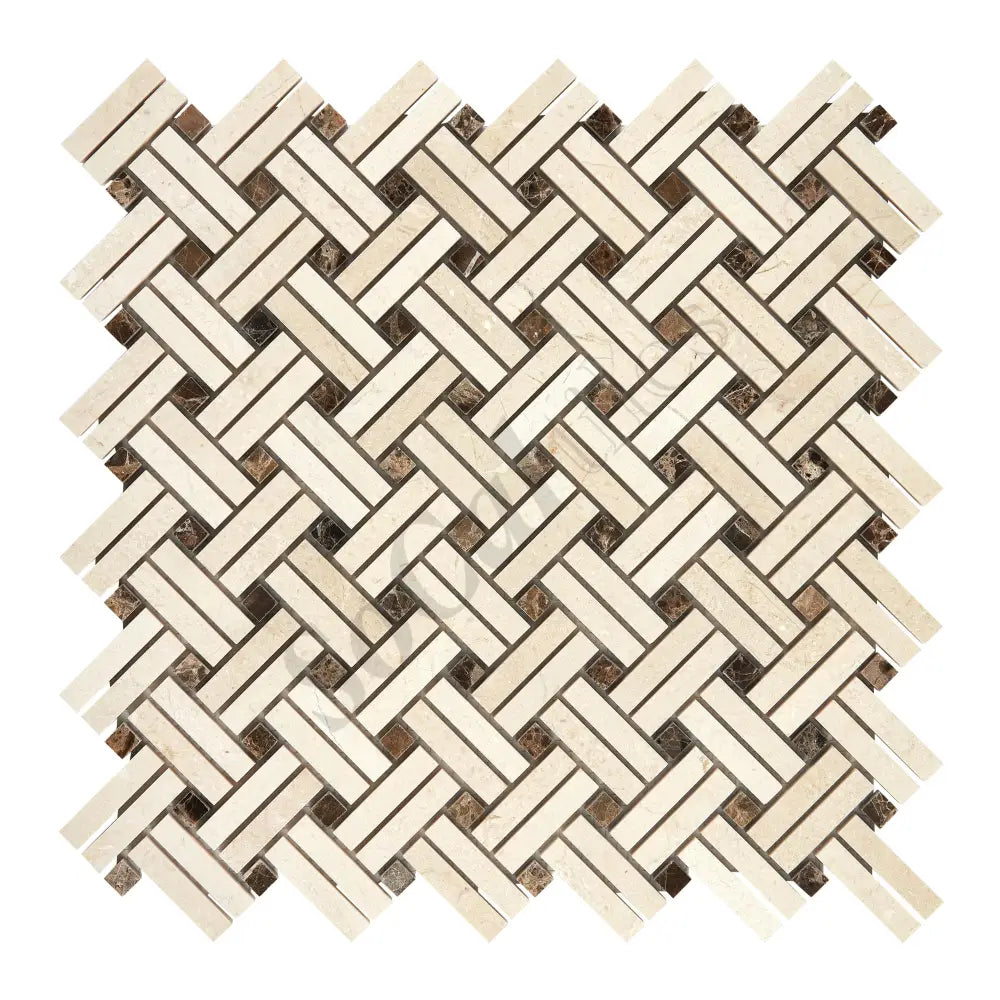 Crema Marfil Marble Stanza Mosaic (w/ Emperador Dark Dots) Polished/Honed Backsplash Tile