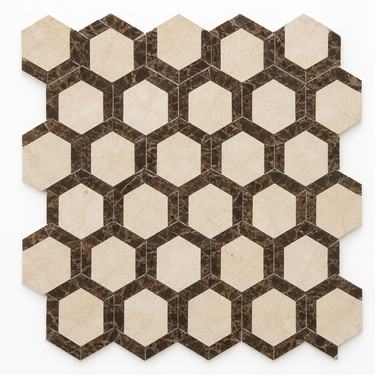 Crema Marfil Marble Mosaic - 2in Vortex Hexagon with Emperador Dark Strips