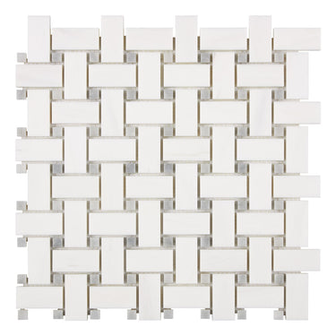 Bianco Dolomite Basketweave Mosaic w/ Blue-Gray Dots Backsplash Tile