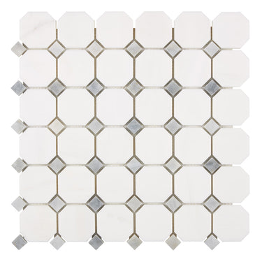Bianco Dolomite Octagon Mosaic w/ Blue-Gray Dots Backsplash Tile