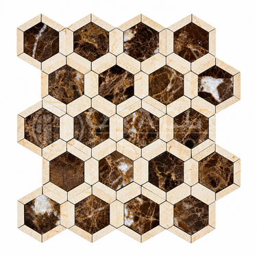 Emperador Dark marble 2-inch Vortex Hexagon mosaic sheet, each dark hexagon framed by Crema Marfil marble.
