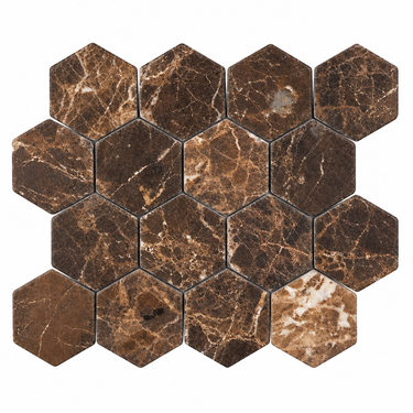 Emperador Dark marble 3-inch hexagon mosaic sheet with matte tumbled finish and softened edges on white.
