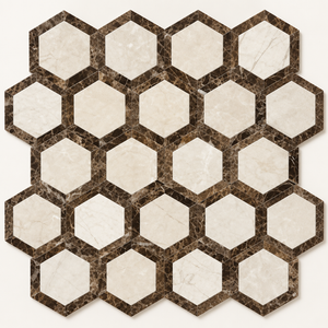 Emperador Dark Marble Mosaic - 2in Vortex Hexagon with Crema Marfil