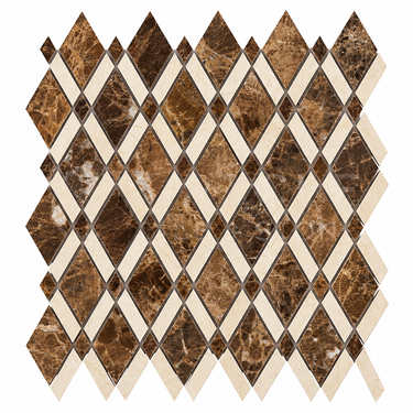 Emperador Dark marble lattice mosaic sheet with pointed brown diamonds and ivory Crema Marfil diagonal inlays.