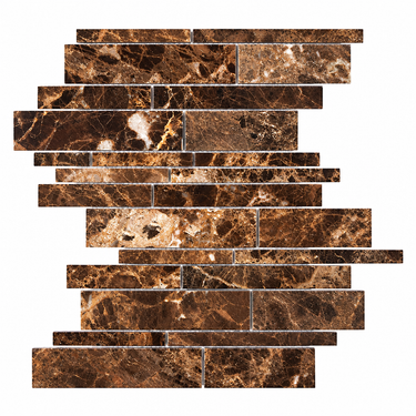 Brown marble rectangular mosaic wall tiles arranged in a staggered brick pattern on a white background.