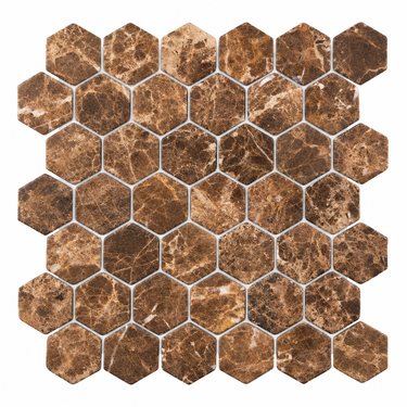 Emperador Dark marble 2-inch hexagon mosaic sheet with matte tumbled finish and softened edges on white.