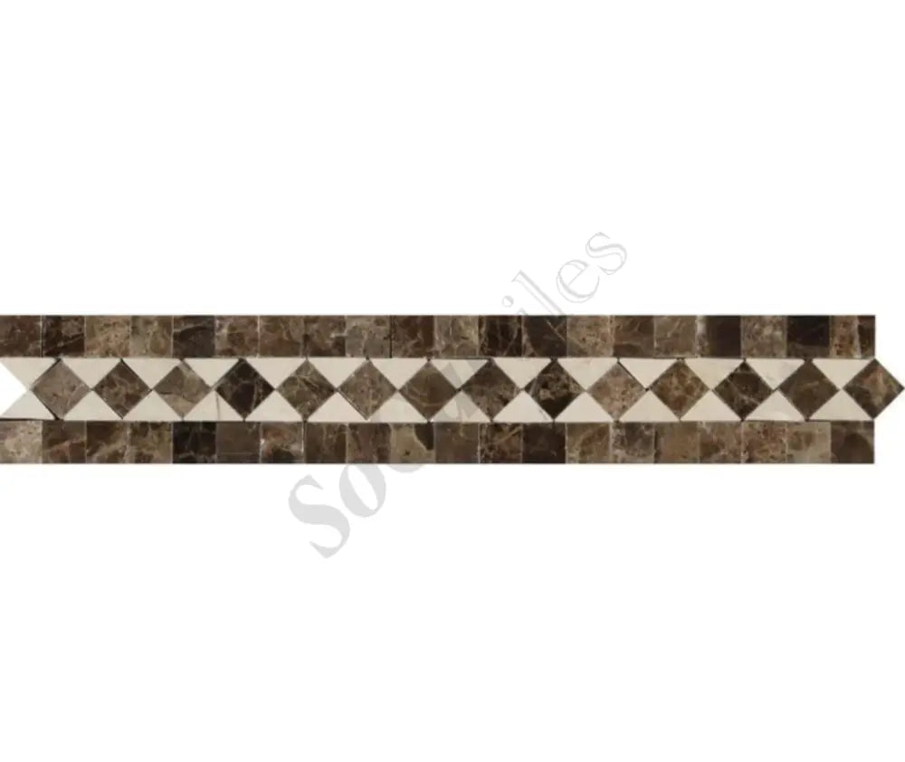 Emperador Dark Marble 2’’ X 12’’ BIAS Border w/ Crema Marfil Dots Polished / 1 pcs. Accent & Trim Tile