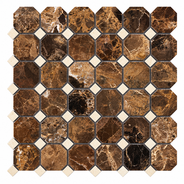 Emperador Dark marble octagon mosaic sheet with small Crema Marfil diamond dots on white.