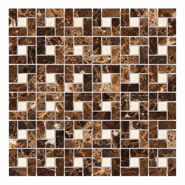 Emperador Dark Pinwheel mosaic with Crema Marfil dots