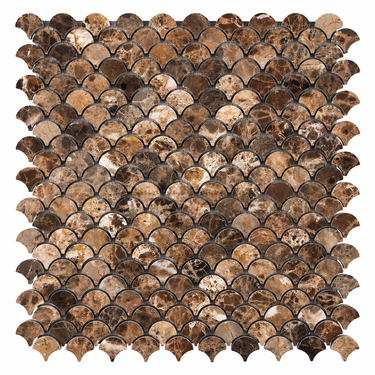 Emperador Dark marble Raindrop mosaic sheet with staggered small fan-shaped pieces on white.