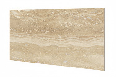 Close-up side angle showing the vein-cut surface, straight edge, and thickness of a 12x24 Ivory Light travertine tile