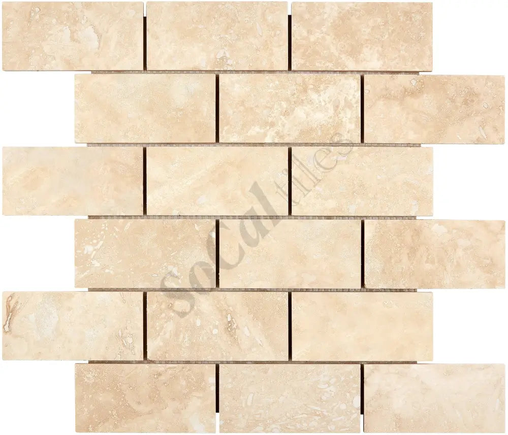 Ivory (Light) Travertine 2X 4 Brick Mosaic Tumbled/Filled & Honed Filled & Honed / 1 sheet