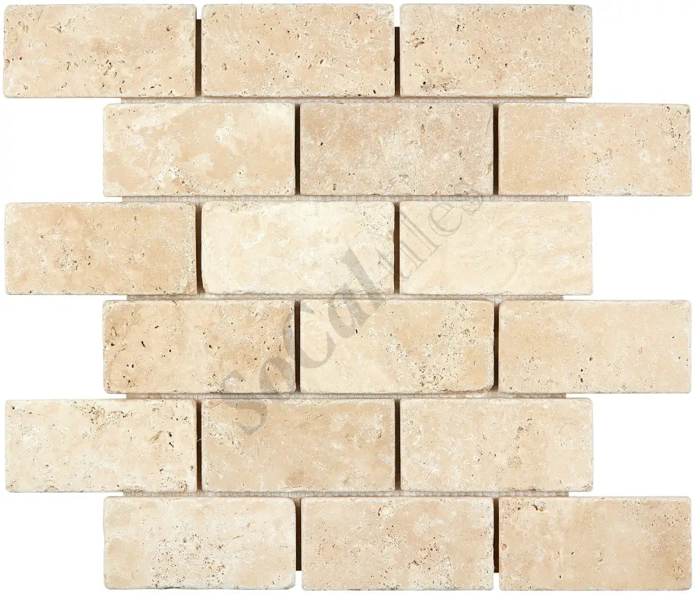 Ivory (Light) Travertine 2’’ X 4’’ Brick Mosaic Tumbled/Filled & Honed Tumbled / 1 sheet
