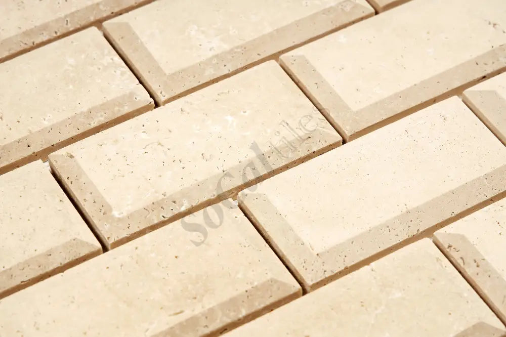 Ivory (Light) Travertine 2’’ X 4’’ Deep-Beveled Brick Mosaic Honed Wall Tile