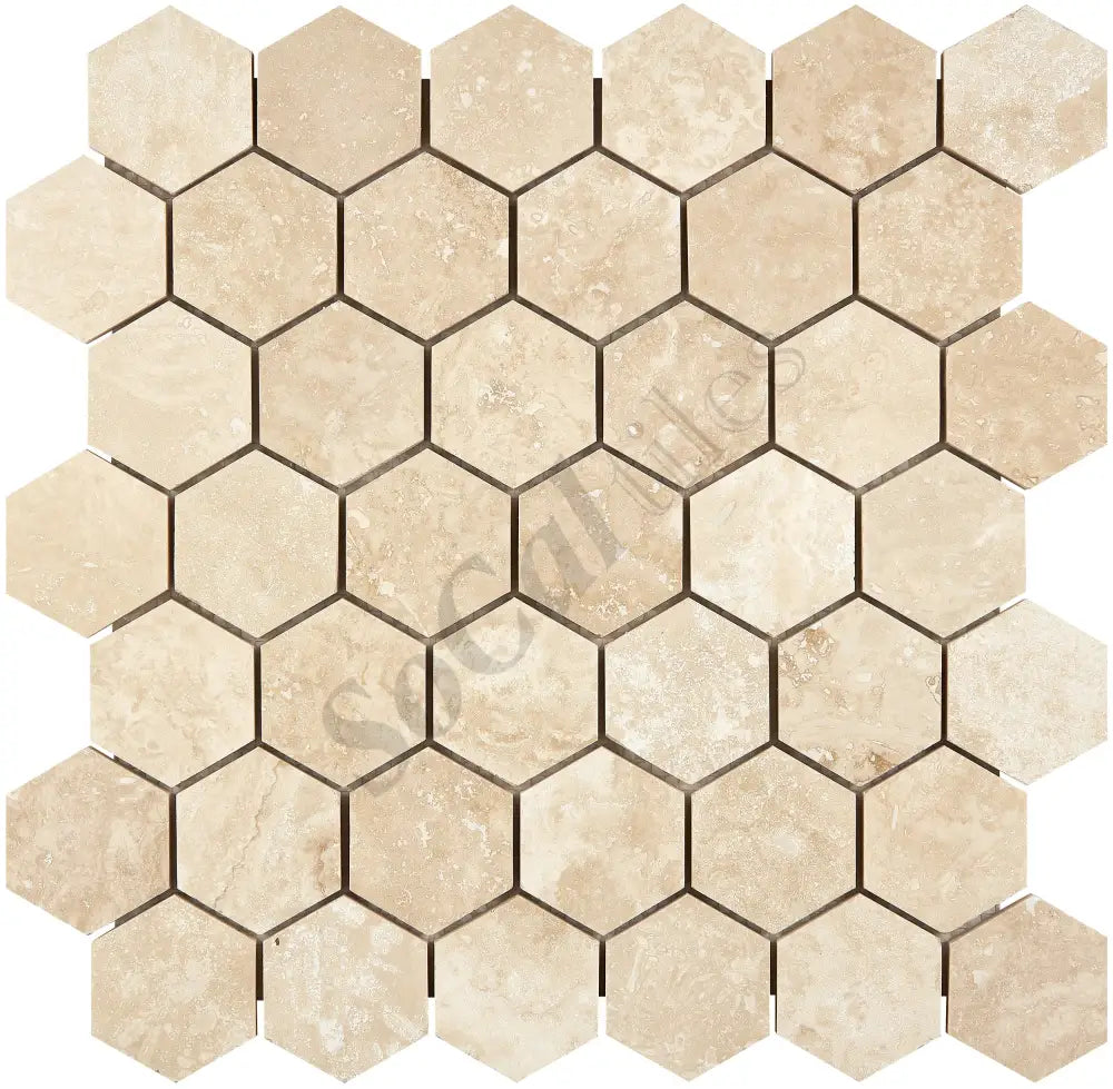 Ivory (Light) Travertine 2’’ X 2’’ Hexagon Mosaic Tumbled/Filled & Honed Wall Tile