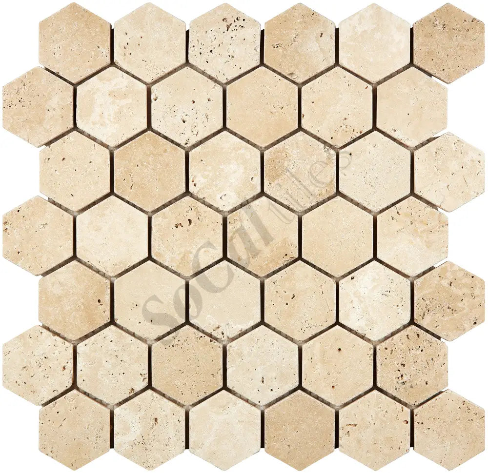 Ivory (Light) Travertine 2’’ X 2’’ Hexagon Mosaic Tumbled/Filled & Honed Wall Tile