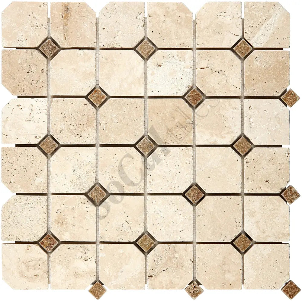 Ivory (Light) Travertine Octagon Mosaic w/ Noce Dots Tumbled Wall Tile