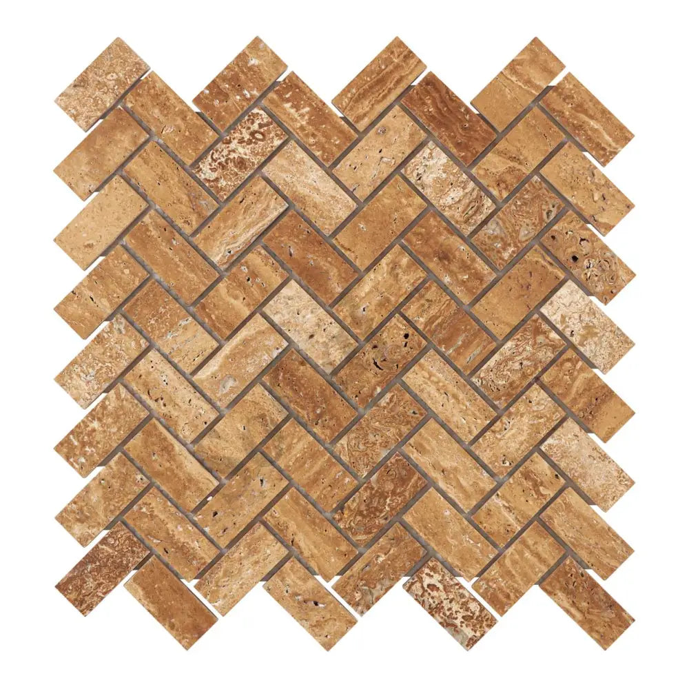 Noce Exotic Travertine Vein-Cut 1’’ X 2’’ Herringbone Mosaic Brushed & Unfilled/Polished & Unfilled Brushed & Unfilled