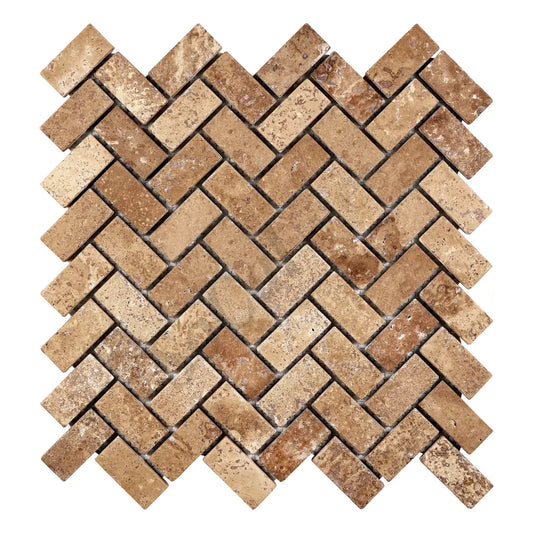 Noce Travertine 1’’ X 2’’ Herringbone Mosaic Tumbled Wall Tile