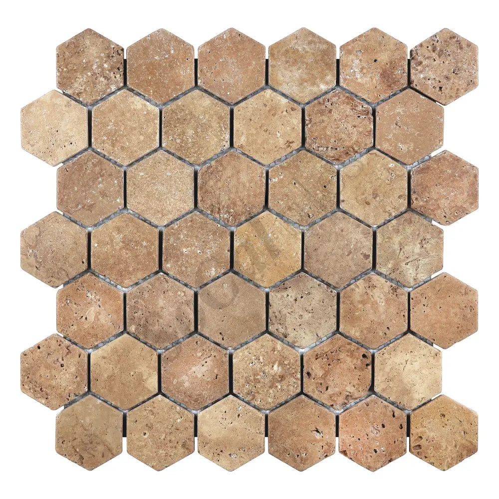 Noce Travertine 2’’ X 2’’ Hexagon Mosaic Tumbled Wall Tile