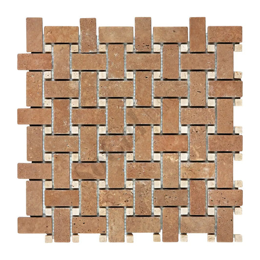 Noce Travertine Basketweave Mosaic (w/ Ivory Dots) Tumbled Wall Tile