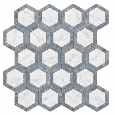 Oriental White Marble Mosaic - 2in Vortex Hexagon Blue-Gray