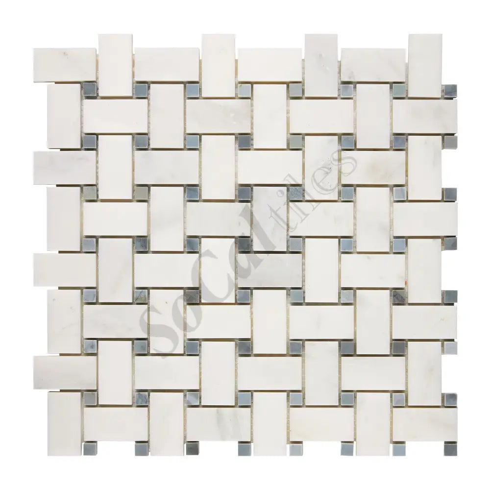Oriental White (Asian Statuary) Marble Basketweave Mosaic (w/ Blue-Gray) Polished/Honed Wall Tile