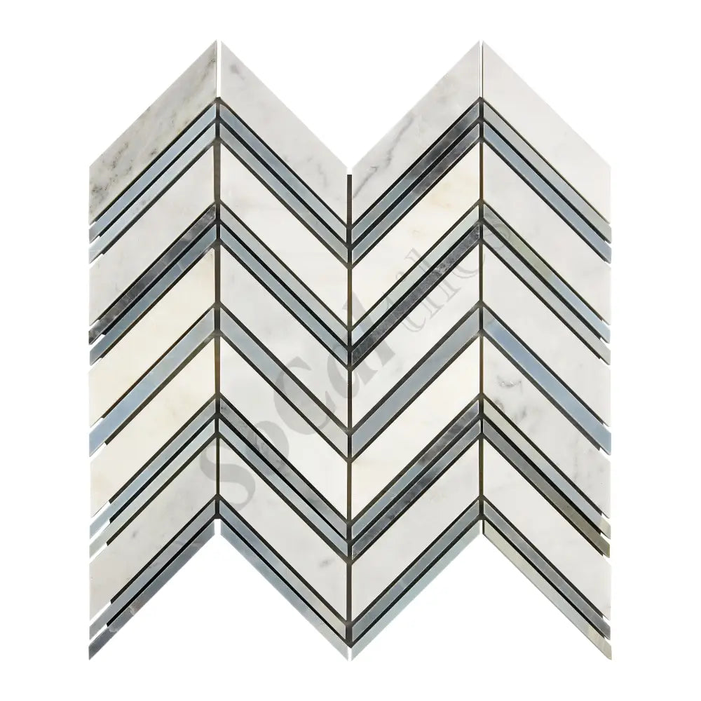 Oriental White (Asian Statuary) Marble Chevron Large Mosaic (w/ Blue-Gray) Polished/Honed Wall Tile