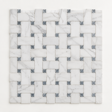 Oriental White Marble Mosaic - Large Basketweave with Blue-Gray Dots