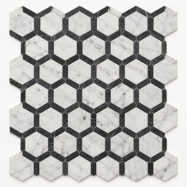 Oriental White Marble Mosaic - 2in Vortex Hexagon Black