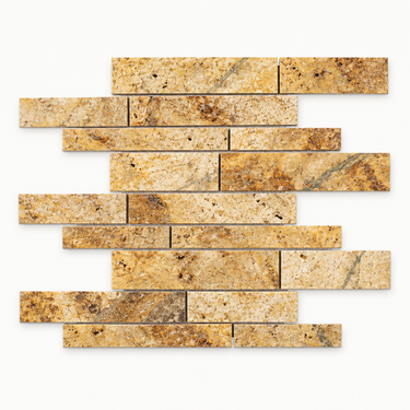 Scabos Travertine Manhattan random-strip mosaic - illustrative image