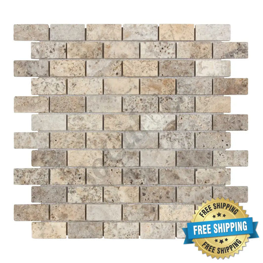 Silver Pewter Blend Travertine 1’’ X 2’’ Brick Mosaic Tumbled/Split-Faced Tumbled / 1 sheet Wall Tile