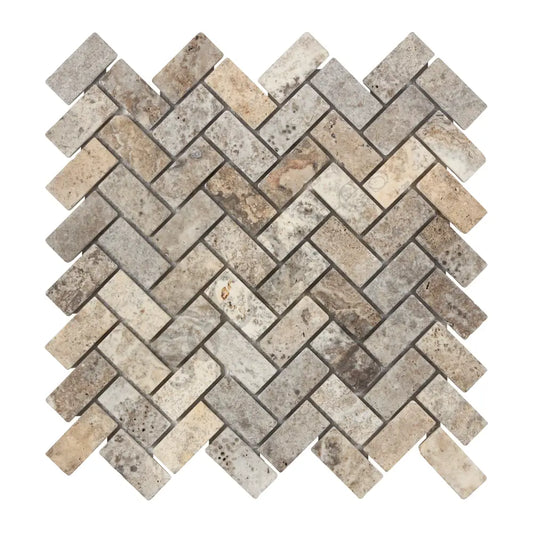 Silver Pewter Blend Travertine 1’’ X 2’’ Herringbone Mosaic Tumbled Wall Tile