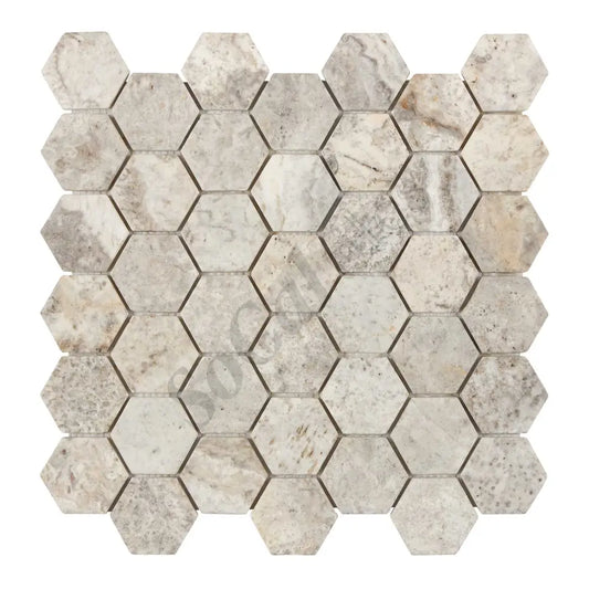 Silver Pewter Blend Travertine 2’’ X 2’’ Hexagon Mosaic Tumbled Wall Tile