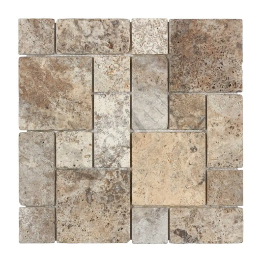 Silver Pewter Blend Travertine 3-pcs. Mini-Pattern Mosaic Non-Interlocking Tumbled Wall Tile