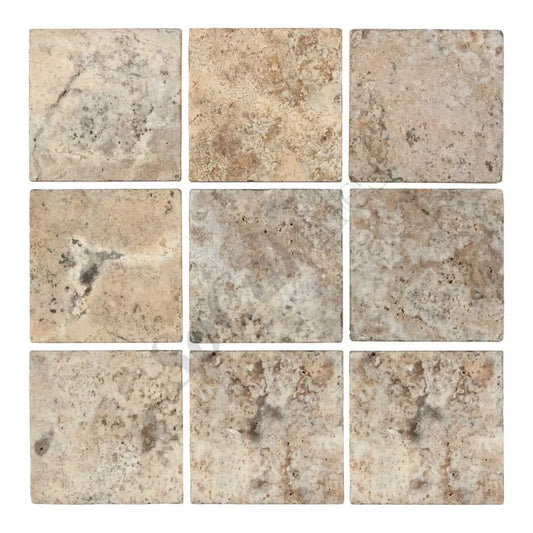 Silver Pewter Blend Travertine 4’’ X 4’’ Tile Tumbled Wall Tile