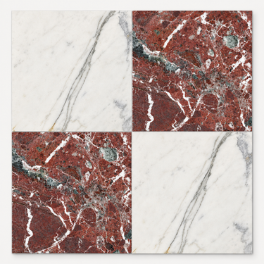 Statuary White and Rosso Levanto checkerboard hero