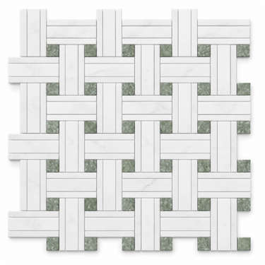 Thassos White Marble Mosaic - Triple-Weave with Ming-Green Dots