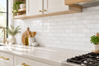Thassos White 2x4 marble brick mosaic kitchen backsplash