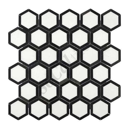 Thassos White Marble 2’’ X 2’’ Vortex Hexagon (w/ Black) Polished/Honed Backsplash Tile
