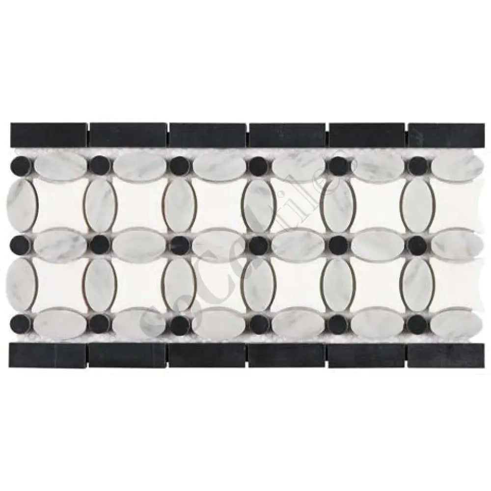 Thassos White Marble 5-3/4’’ X 11-1/4’’ Florida Flower Border (w/ Carrara Oval + Black Dots) Polished/Honed Accent &