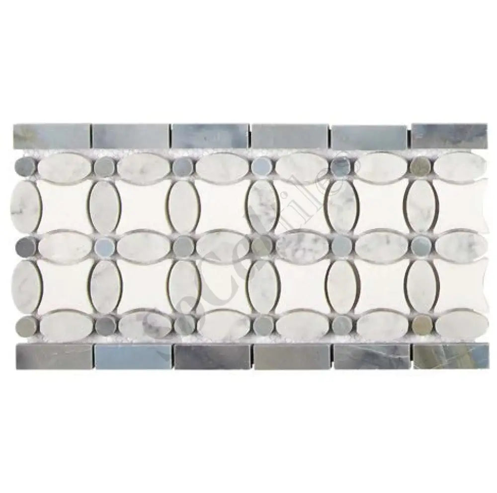 Thassos White Marble 5-3/4’’ X 11-1/4’’ Florida Flower Border (w/ Carrara Oval + Blue-Gray Dots) Polished/Honed Accent