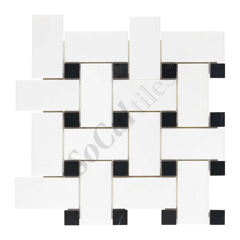 Thassos White Marble Basketweave Mosaic (w/ Black) Large Polished/Honed Backsplash Tile