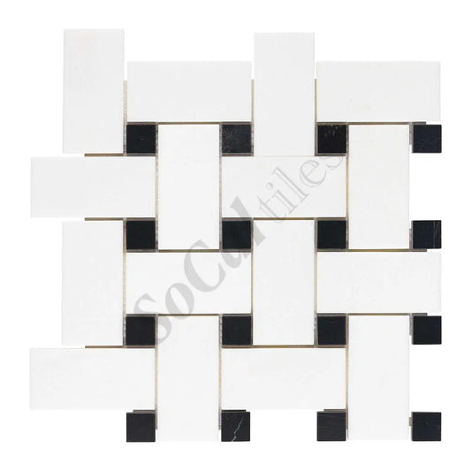 Thassos White Marble Basketweave Mosaic (w/ Black) Large Polished/Honed Backsplash Tile
