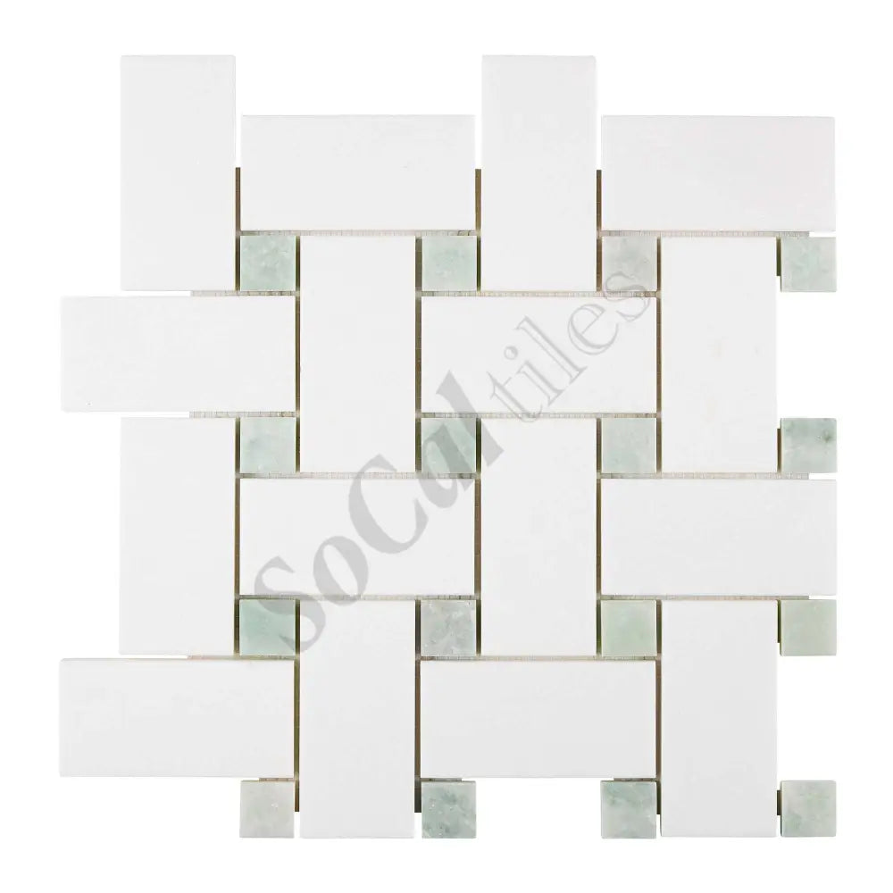 Thassos White Marble Basketweave Mosaic (w/ Ming-Green) Large Polished/Honed Backsplash Tile