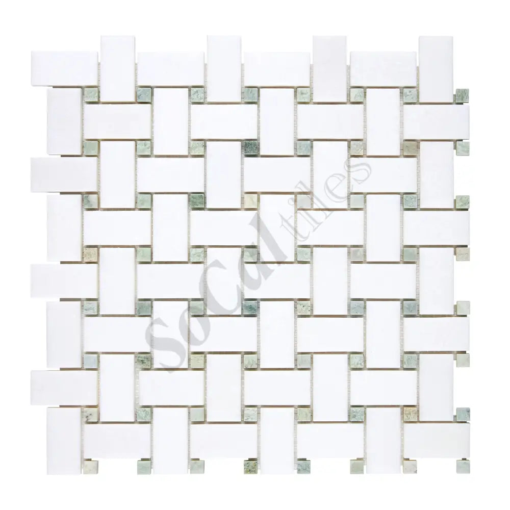 Thassos White Marble Basketweave Mosaic (w/ Ming Green) Polished/Honed Backsplash Tile