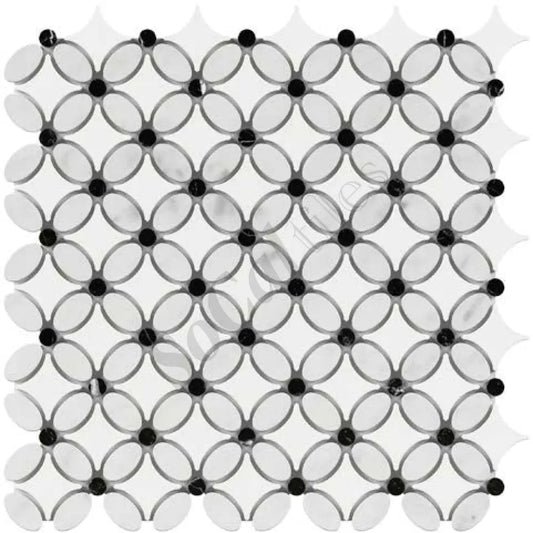 Thassos White Marble Florida Flower Mosaic (w/ Carrara Oval + Black Dots) Polished/Honed Backsplash Tile